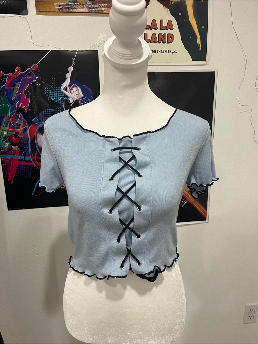 Grande Light Blue Lace-Up Ruffle Edge Crop Top